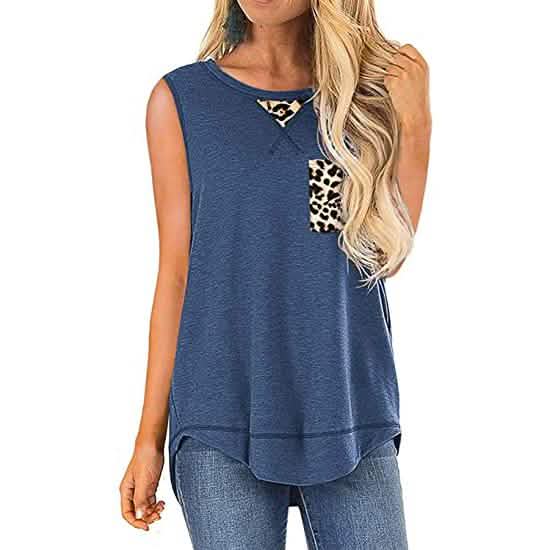 Women's Summer Tank Tops Leopard Pocket Sleeveless Blouse