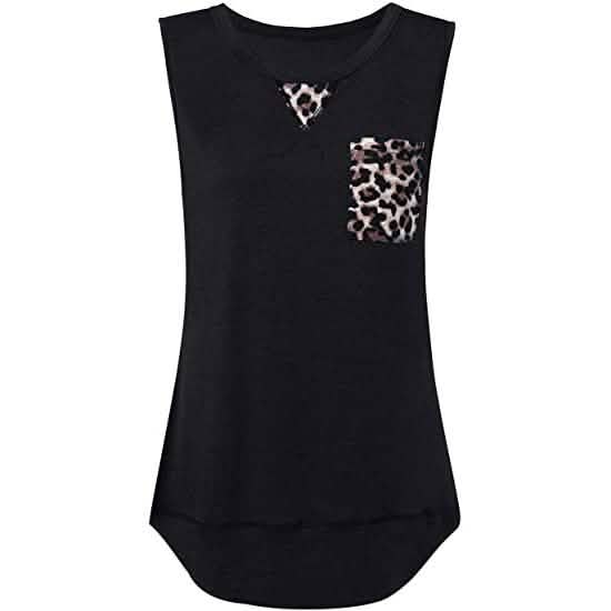Women's Summer Tank Tops Leopard Pocket Sleeveless Blouse