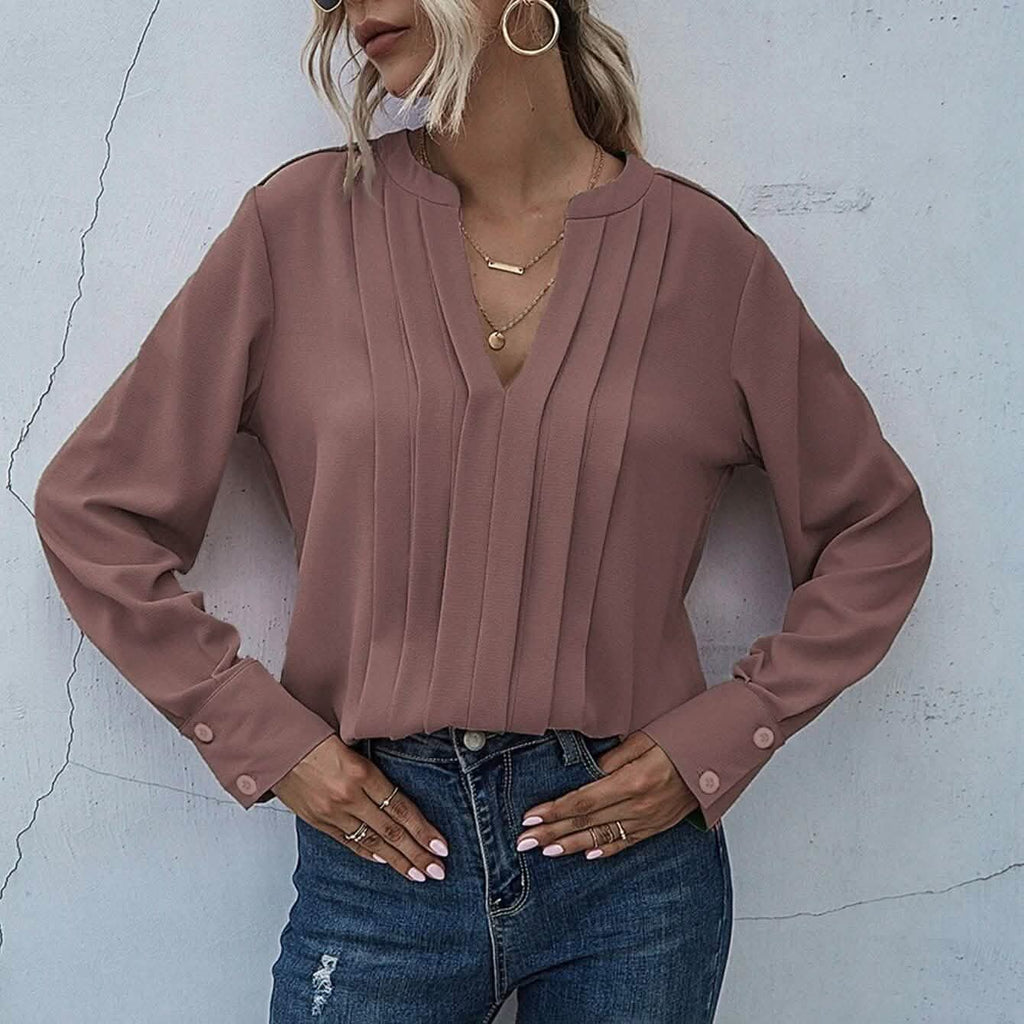 Notched Neck Pleated Decoration Blouse