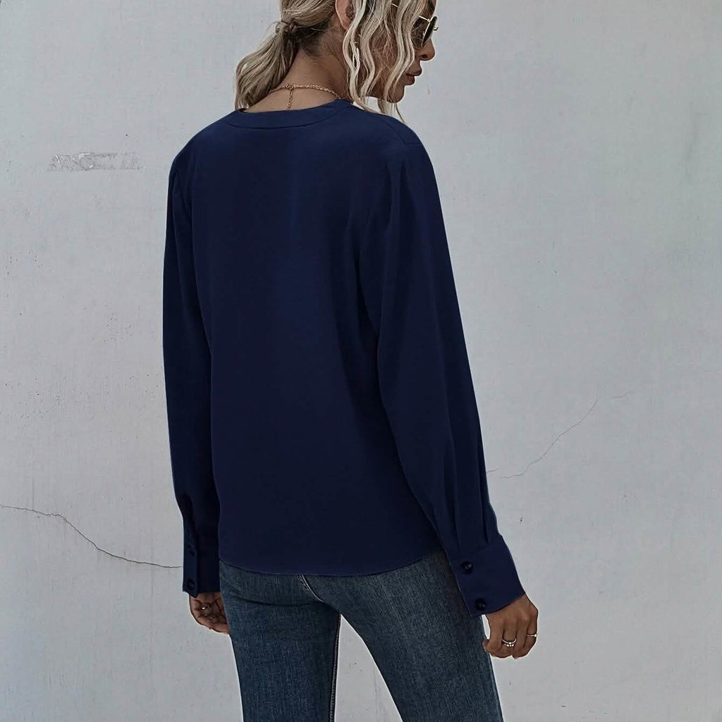 Notched Neck Pleated Decoration Blouse