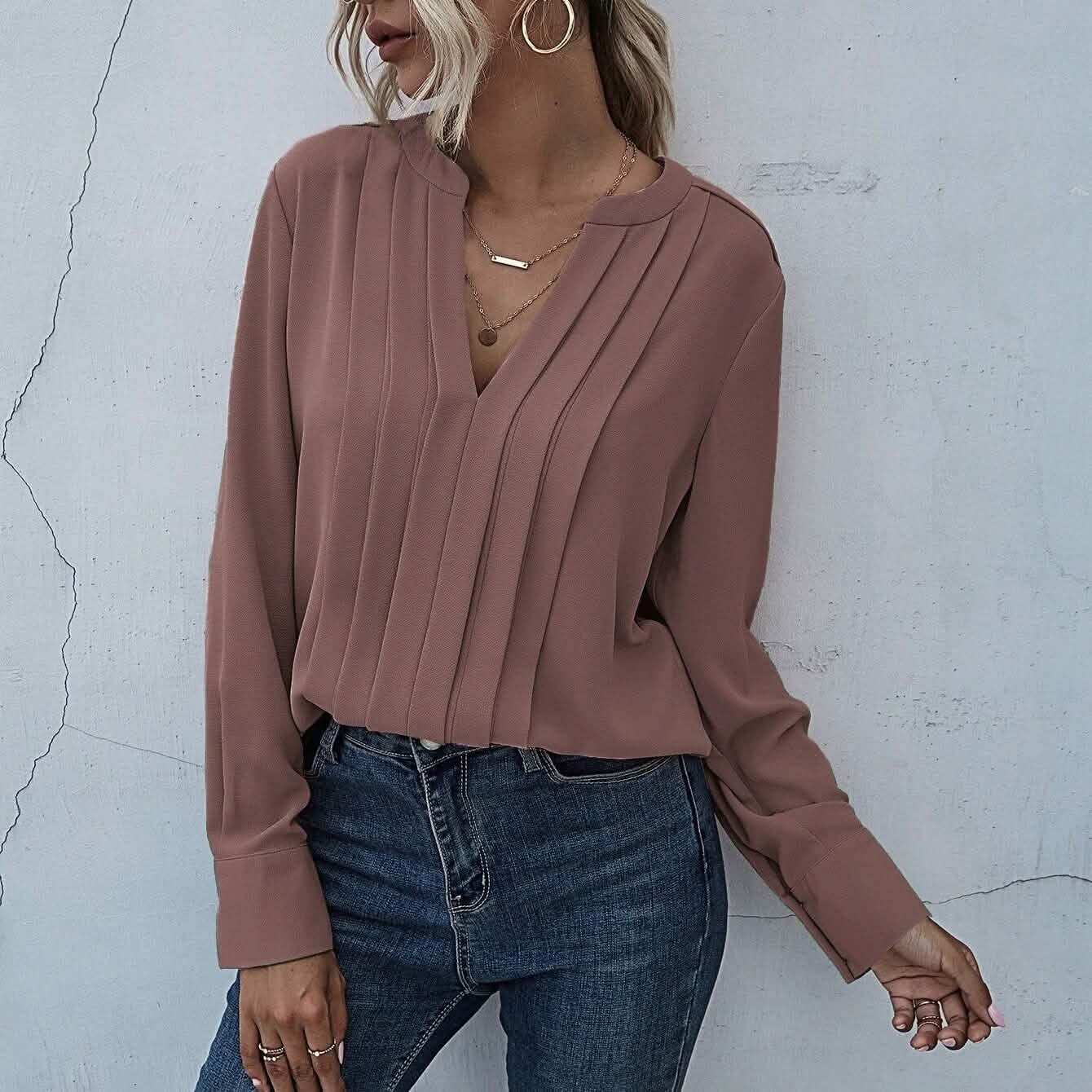 Notched Neck Pleated Decoration Blouse