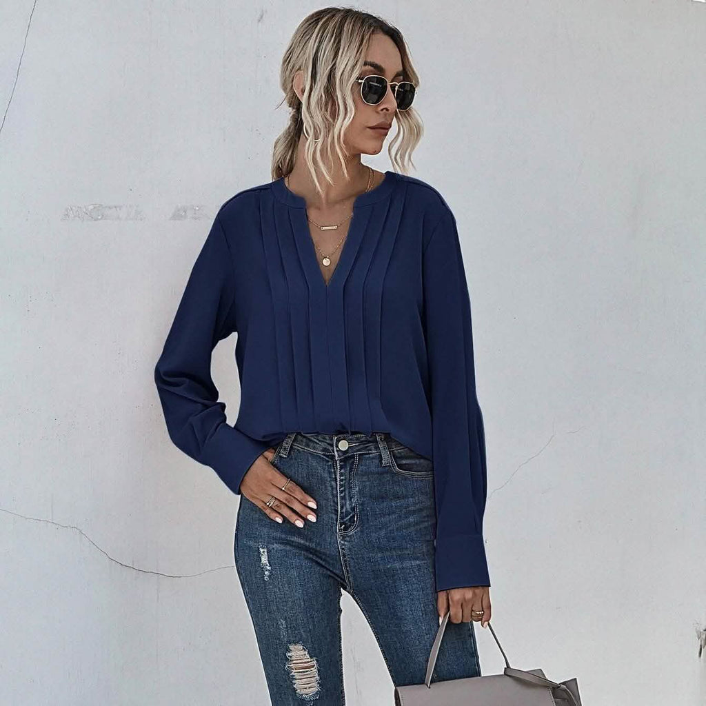 Notched Neck Pleated Decoration Blouse