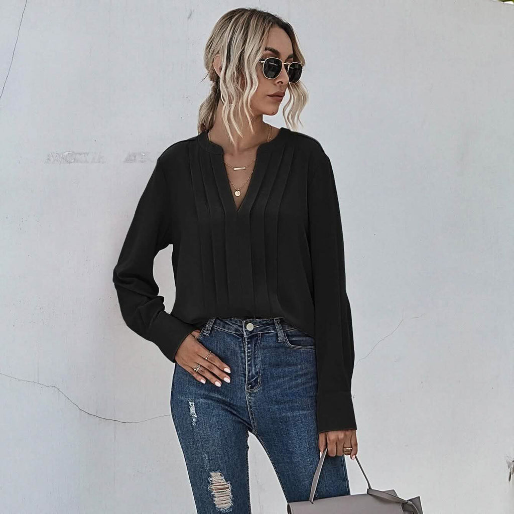 Notched Neck Pleated Decoration Blouse
