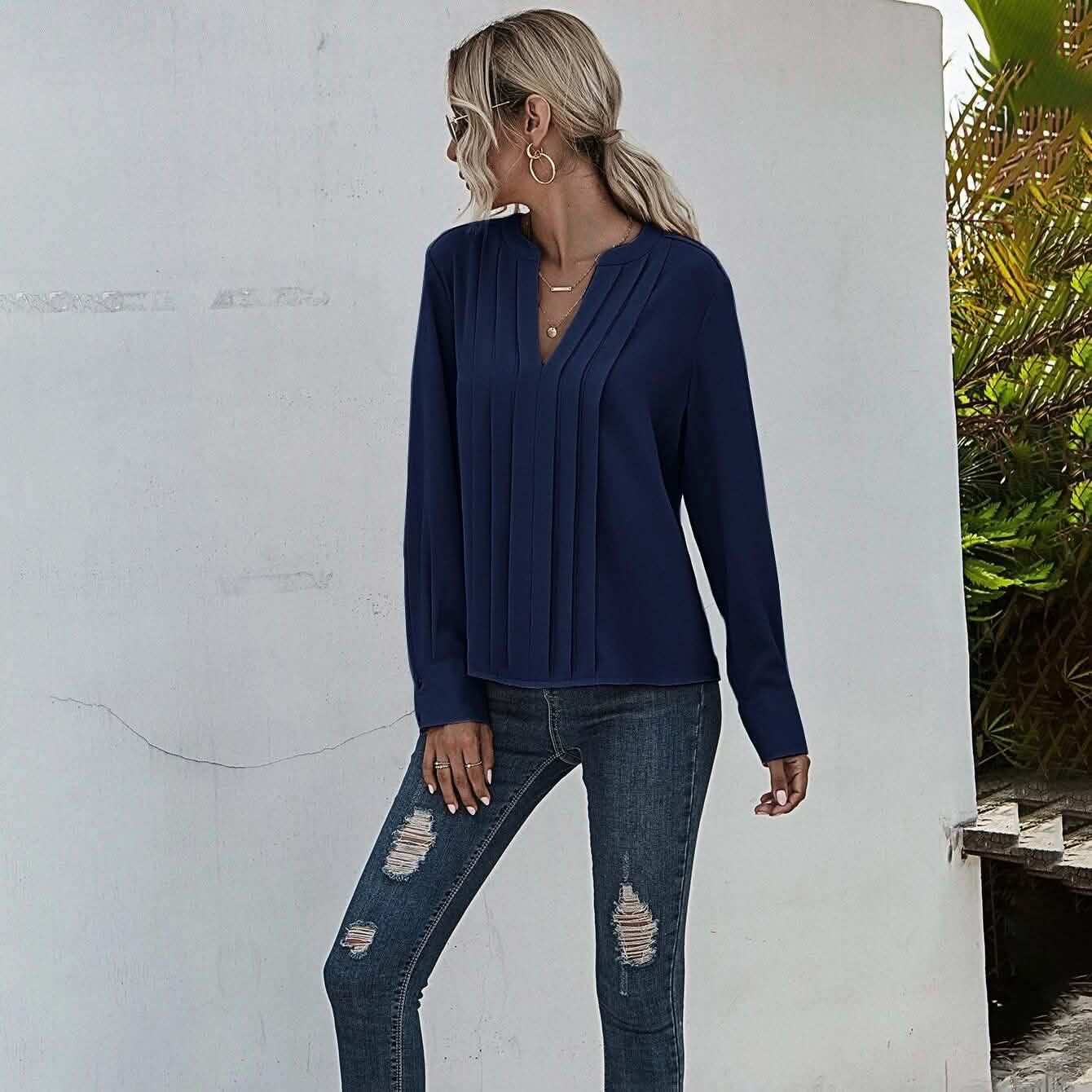 Notched Neck Pleated Decoration Blouse