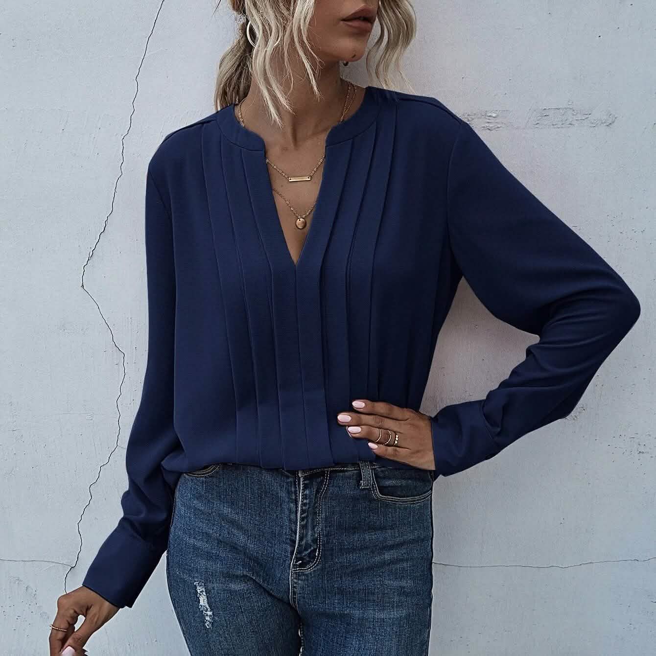 Notched Neck Pleated Decoration Blouse