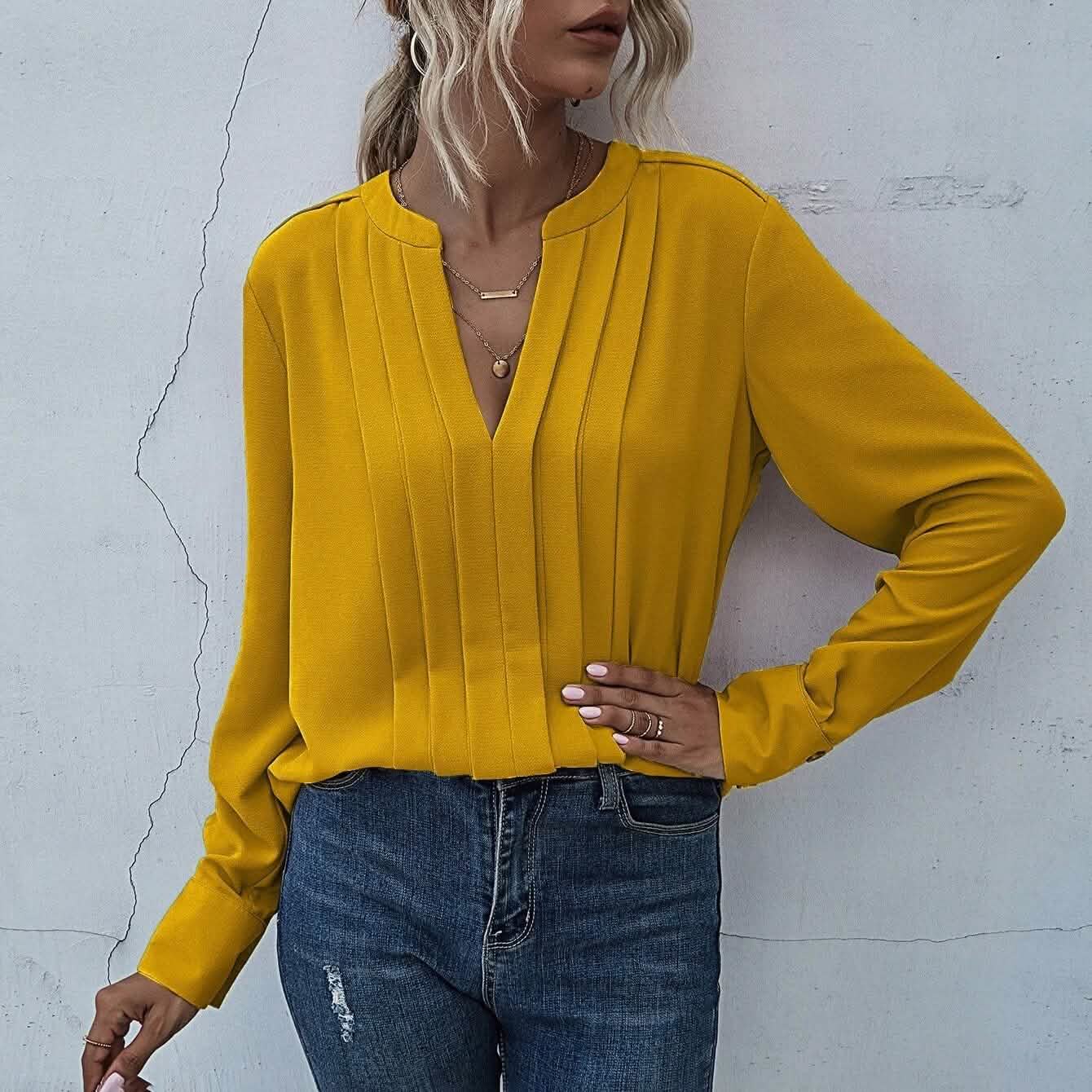 Notched Neck Pleated Decoration Blouse