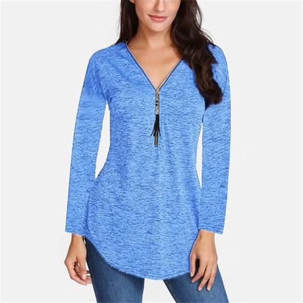 Women V-neck Zipper Long Sleeve Solid Color Top Plus Size Blouse Top
