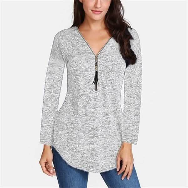 Women V-neck Zipper Long Sleeve Solid Color Top Plus Size Blouse Top