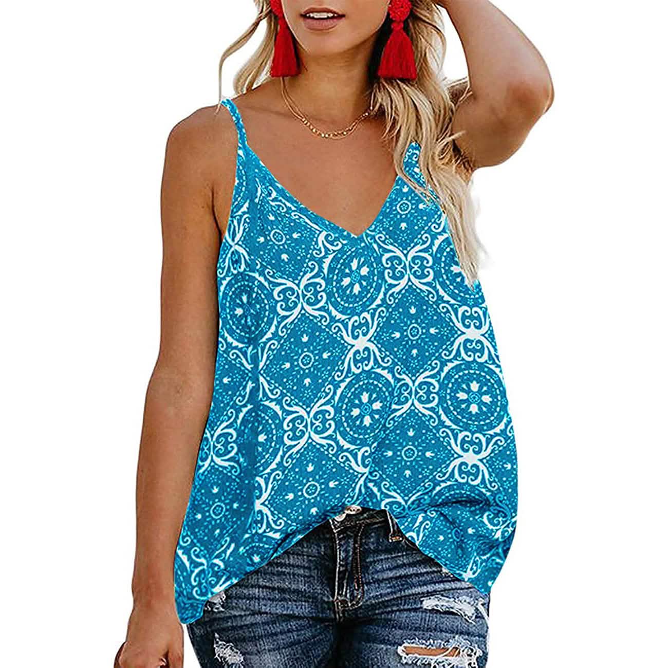Women's Boho Floral V Neck Spaghetti Straps Tank Top Summer Sleeveless Shirts Blouse
