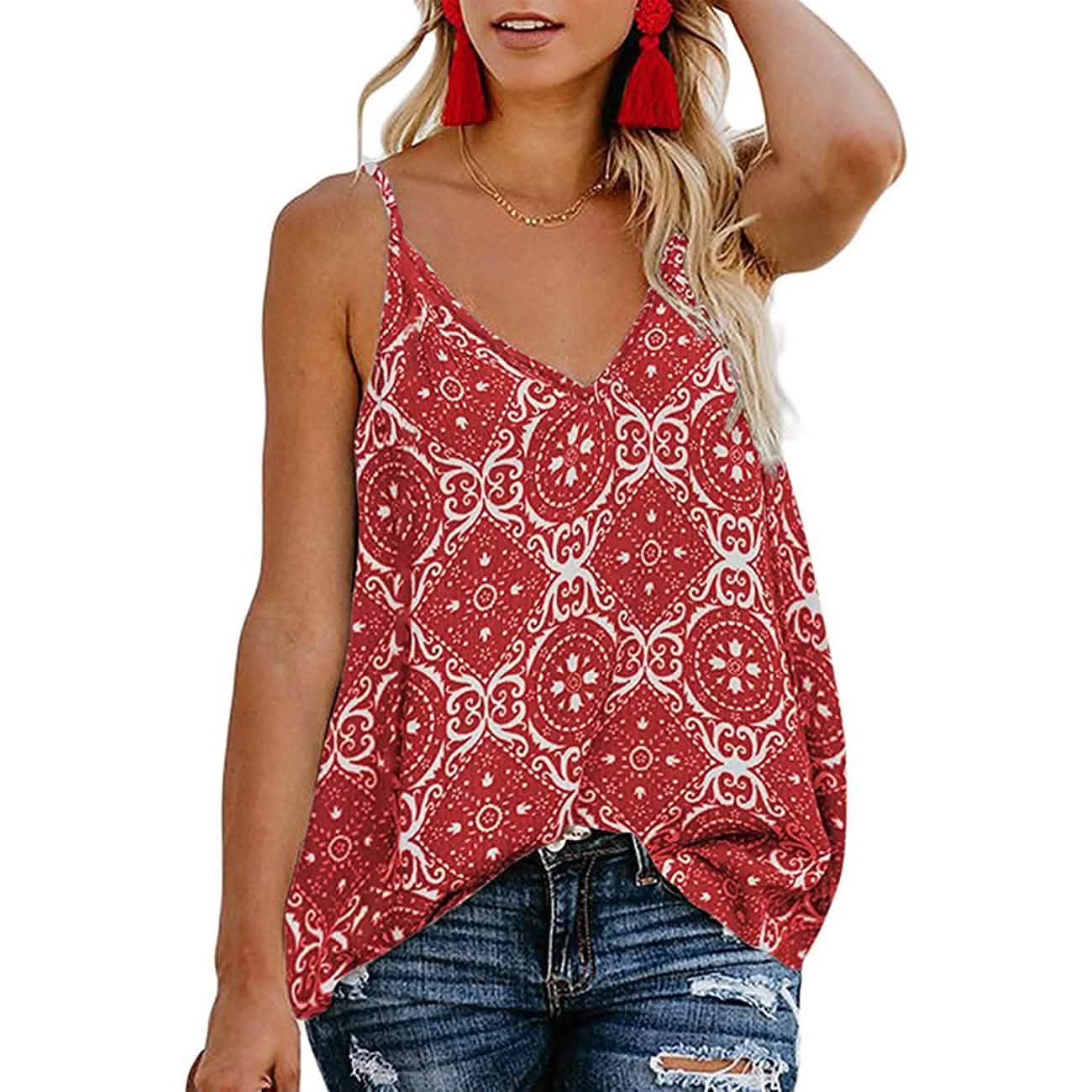Women's Boho Floral V Neck Spaghetti Straps Tank Top Summer Sleeveless Shirts Blouse