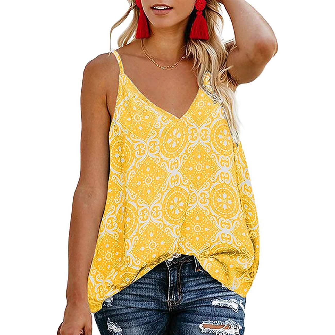 Women's Boho Floral V Neck Spaghetti Straps Tank Top Summer Sleeveless Shirts Blouse