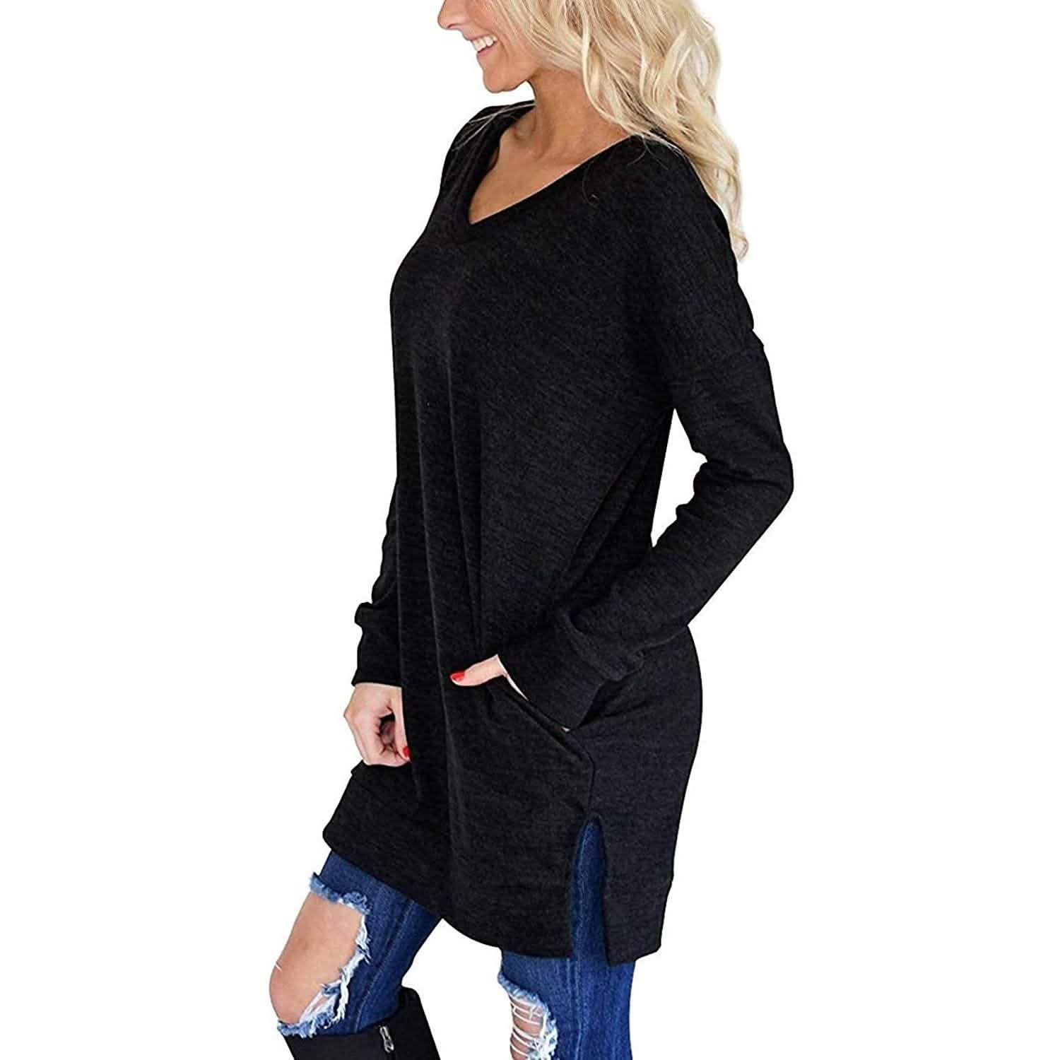 Womens Casual Long Sleeves Solid V-Neck Tunics Shirt Tops with Pockets