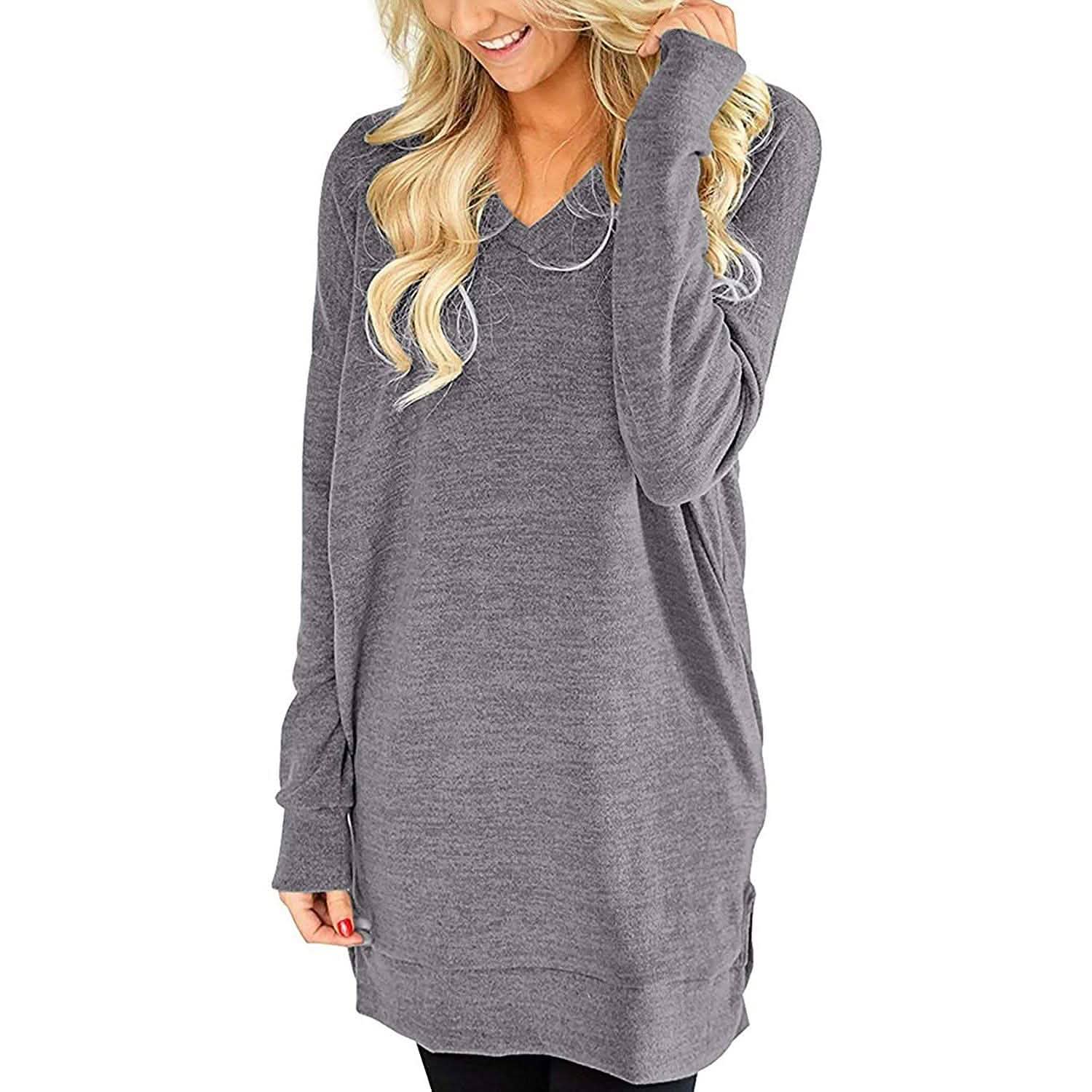 Womens Casual Long Sleeves Solid V-Neck Tunics Shirt Tops with Pockets