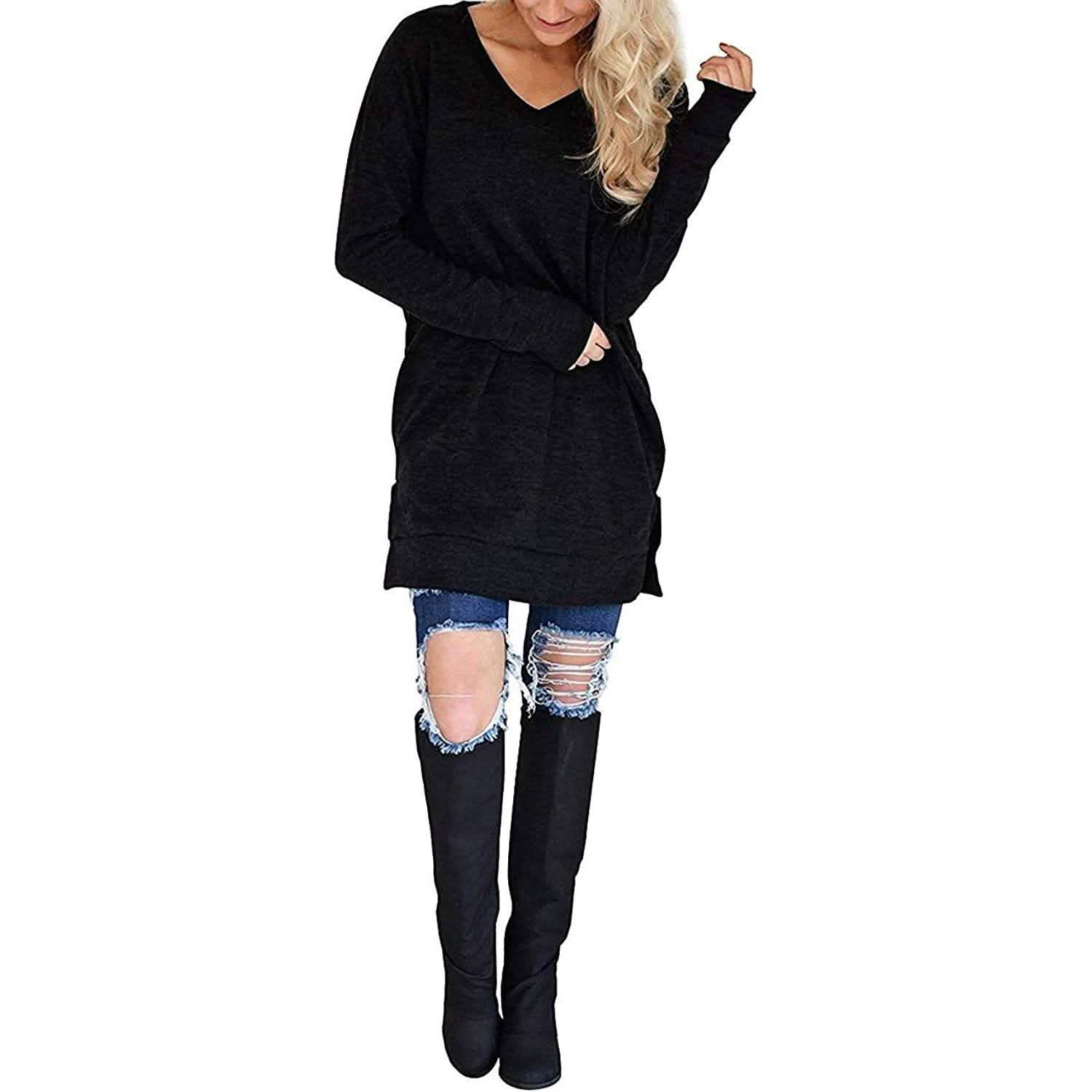 Womens Casual Long Sleeves Solid V-Neck Tunics Shirt Tops with Pockets