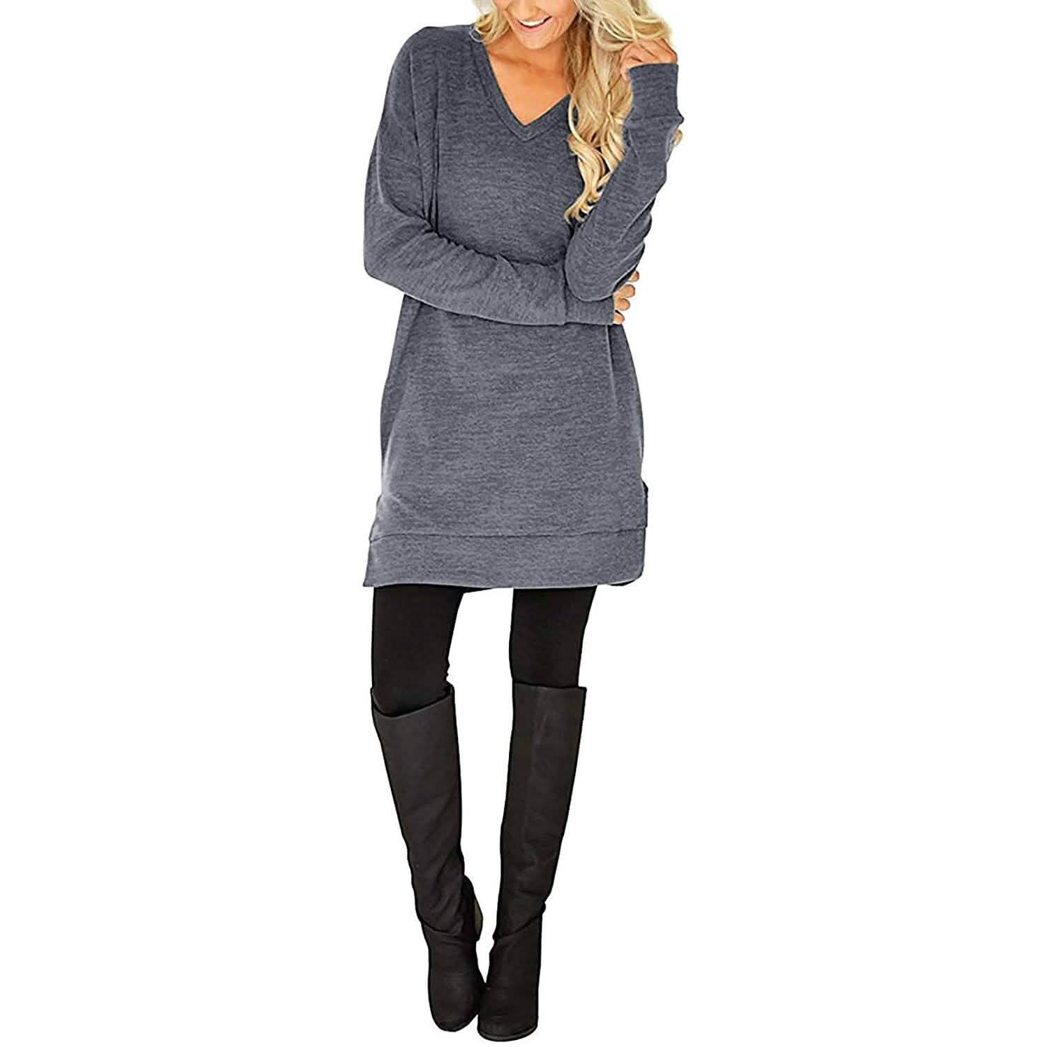 Womens Casual Long Sleeves Solid V-Neck Tunics Shirt Tops with Pockets