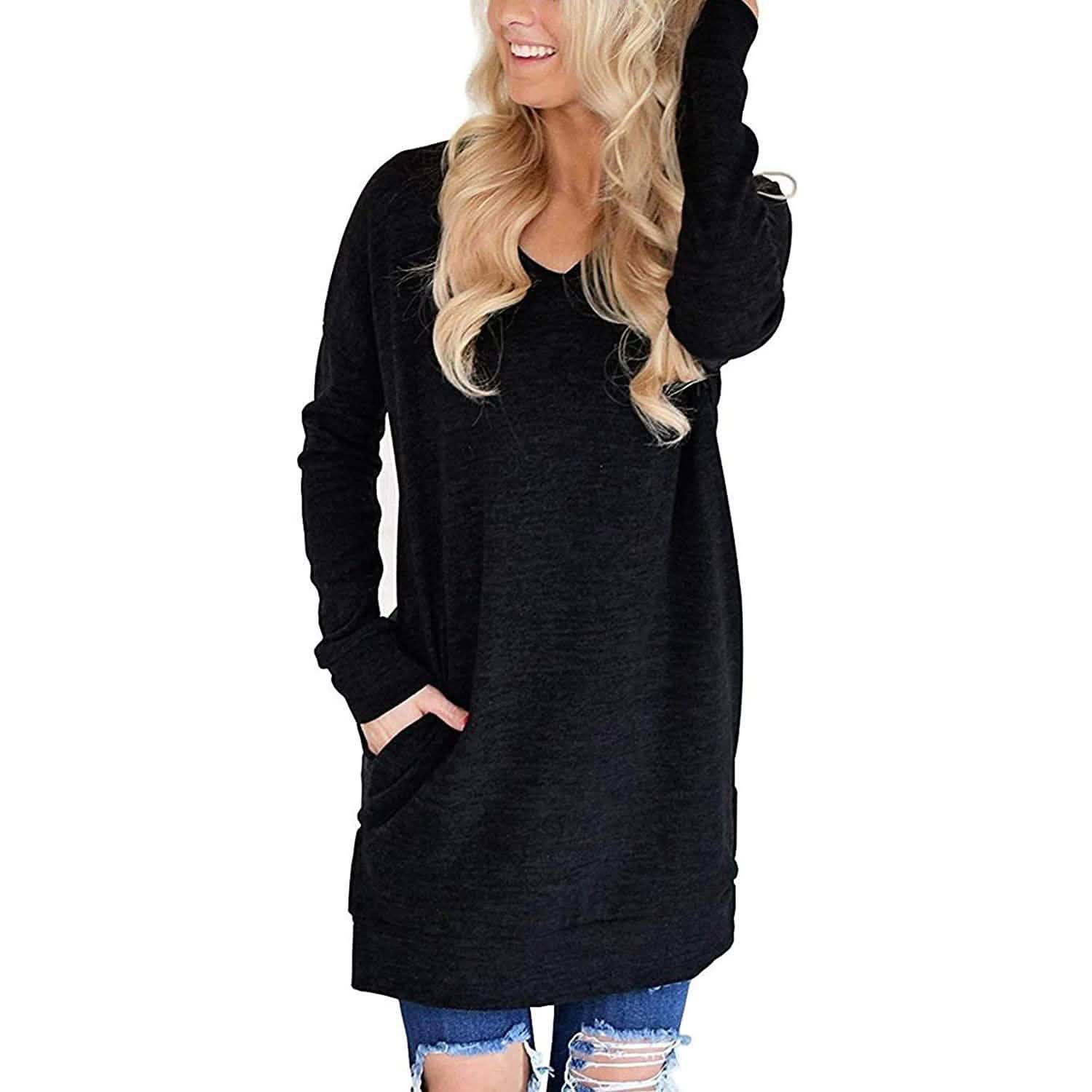 Womens Casual Long Sleeves Solid V-Neck Tunics Shirt Tops with Pockets