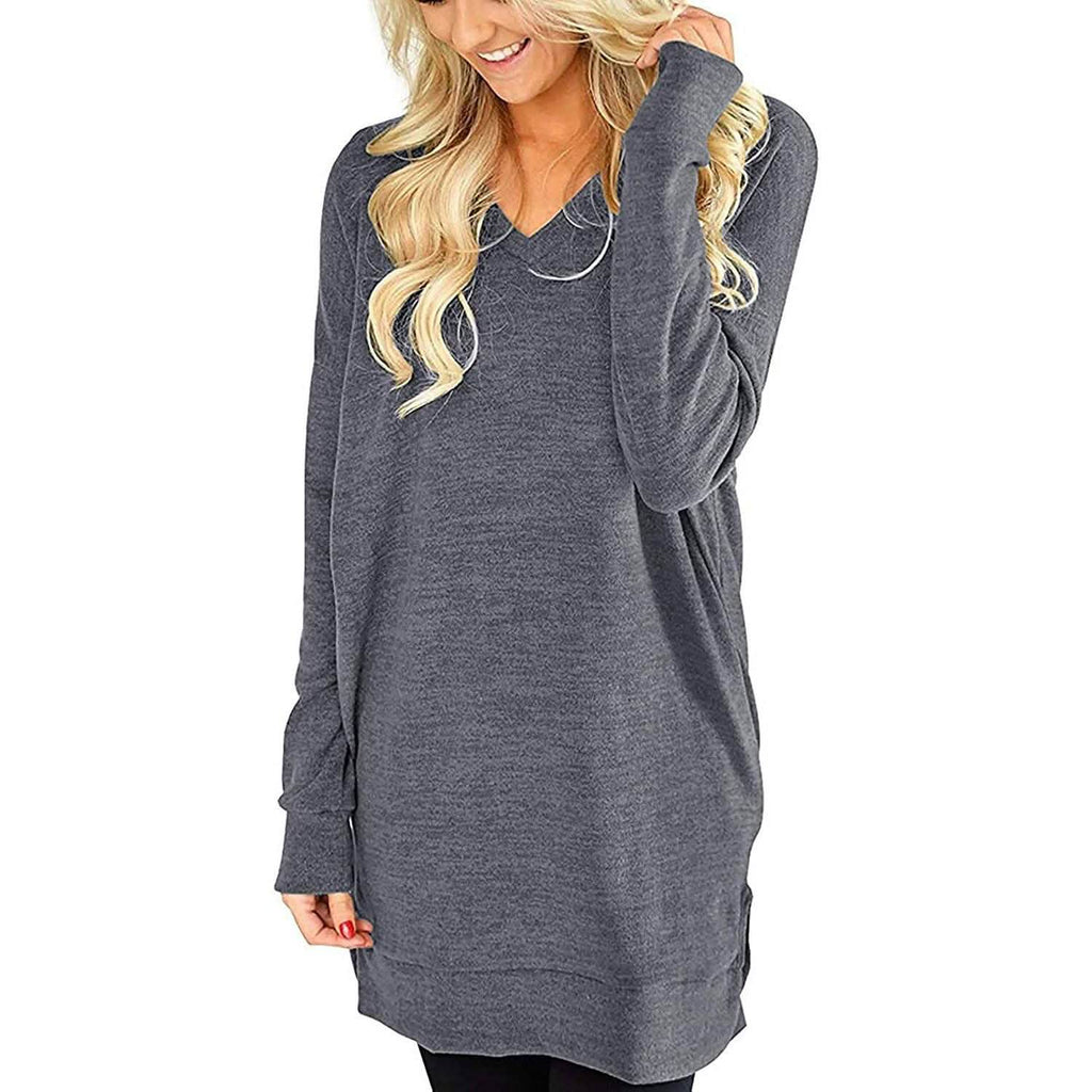 Womens Casual Long Sleeves Solid V-Neck Tunics Shirt Tops with Pockets