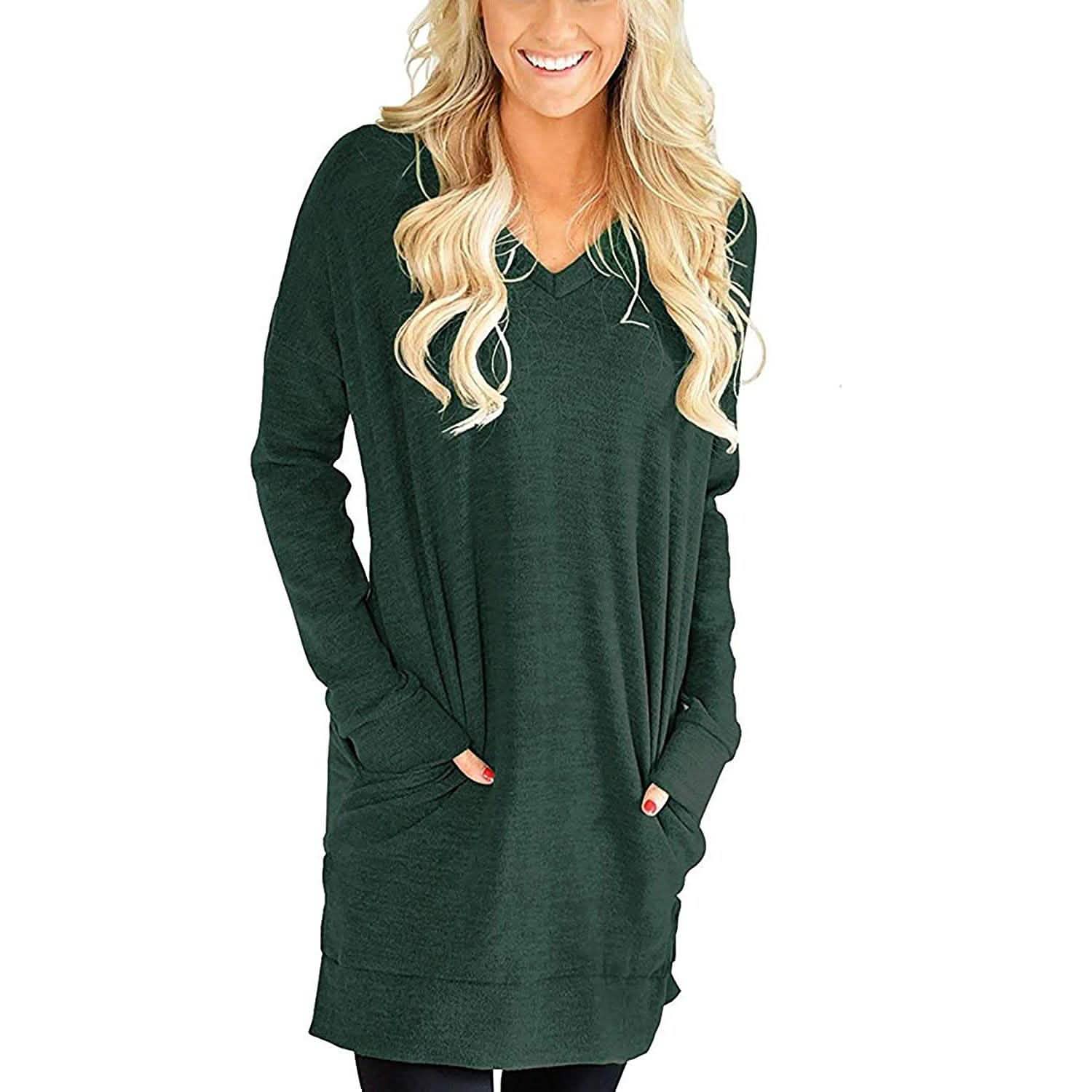 Womens Casual Long Sleeves Solid V-Neck Tunics Shirt Tops with Pockets