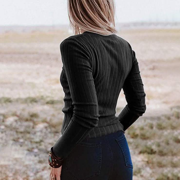 Women's Long Sleeve V Neck Ribbed Button Knit Sweater