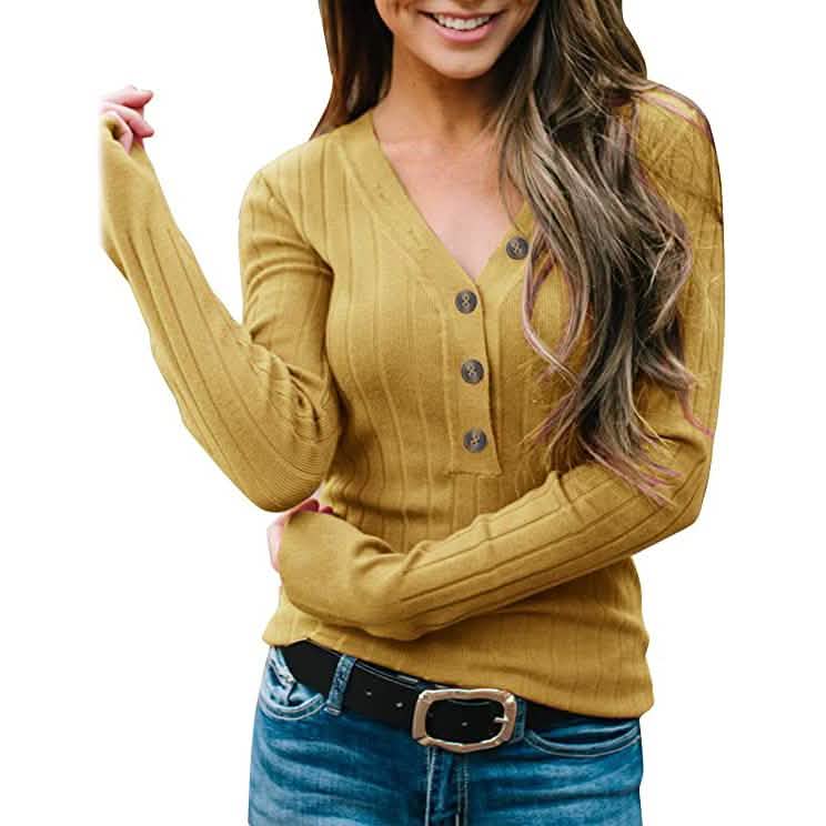 Women's Long Sleeve V Neck Ribbed Button Knit Sweater