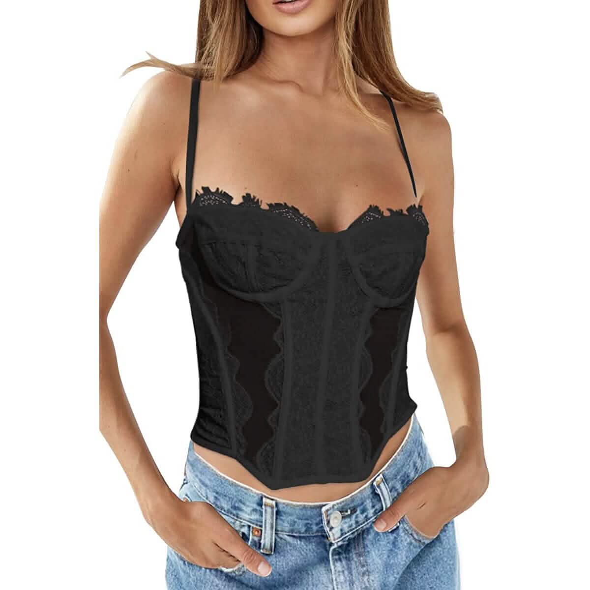 Womens Summer Lace Bustier Mesh Vintage Spaghetti Strap Open Back Boned Corset